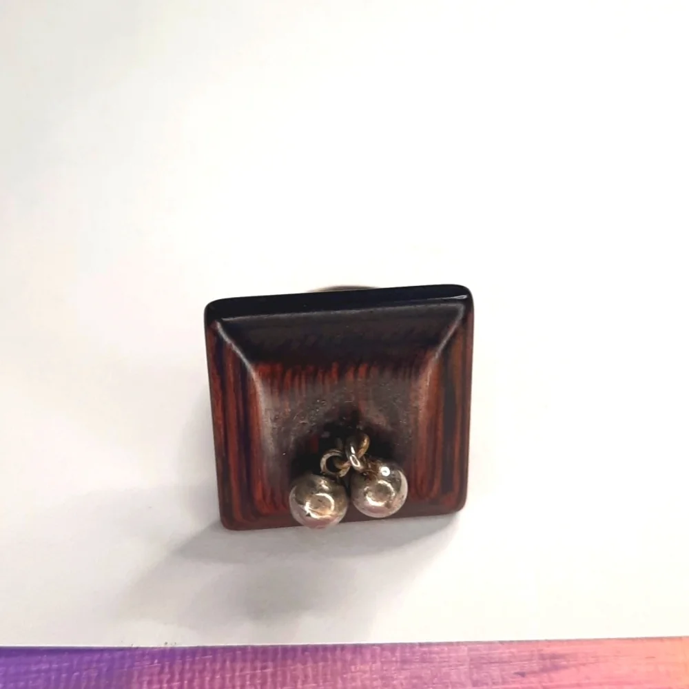 Square adjustable 1960's 1970's Vintage wood silver ball detail ring